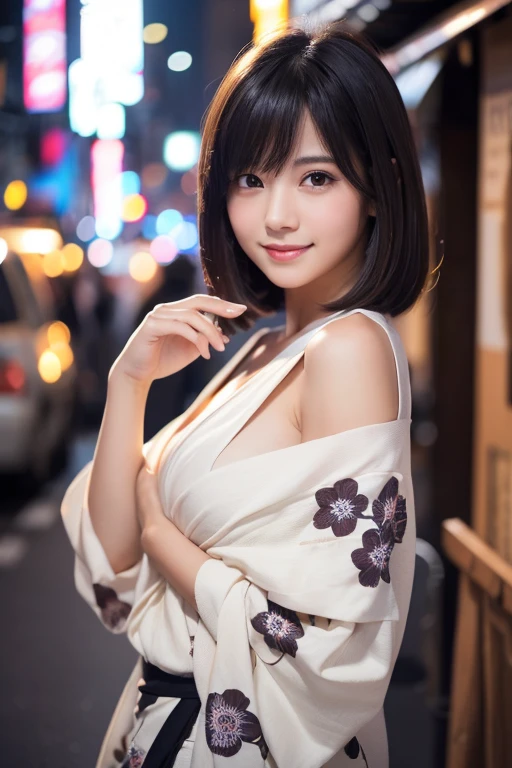girl, White skin, Short dark brown tiered hair, V cut with layers and bangs, Brown eyes, Soft atmosphere characteristics (Highest quality, Ultra-high resolution, 8K, RAW Photos, Ultra-high resolution: 1.2, masterpiece: 1.2), (Realistic, Realistic: 1.37), Super detailed, Professional Lighting, Photon Mapping, Radio City, Physically Based Rendering, Japanese, One Girl, alone, Black Hair, cute,Sharp focus:1.2、Beautiful woman:1.4, Nice, Adorable, A light smile, Normal chest,yukata,Fireworks display