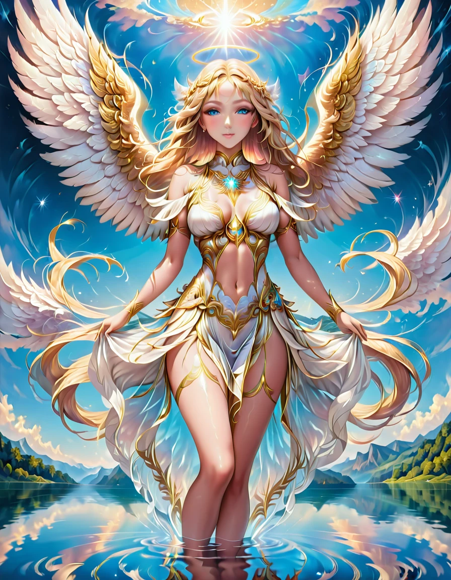 a picture of a female angel flying over a lake ((the angel's reflection mirrored perfectly in the lake: 1.5)), full body shot, a beautiful female angel, divine beauty angel, ((ultra detailed face: 1.5)), (best detailed face: 1.5), dynamic eye color, dynamic hair color, dynamic hair style, intense gaze, wearing dynamic clothing, hovering over a lake, (white angelic wings spread: 1.3), (((a perfect reflection of the angel seen in the lake: 1.5))) vibrant, Ultra-high resolution, High Contrast, masterpiece:1.2, highest quality, Best aesthetics), best details, best quality, highres, ultra wide angle, 16k, [ultra detailed], masterpiece, best quality, (extremely detailed), 