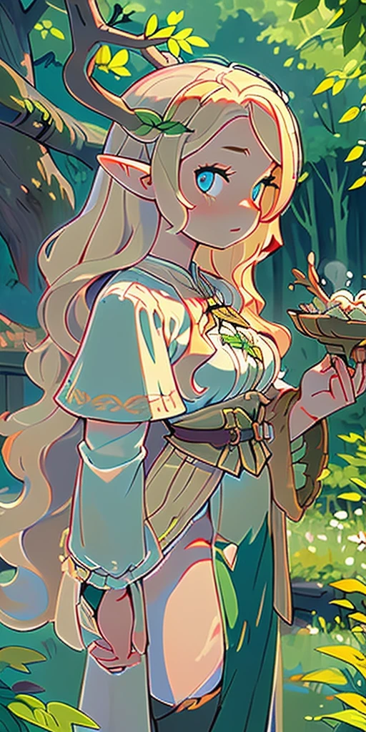 (masterpiece, best quality), 1girl, intricate details, blonde, leaf, wavy hair, looking at viewer, elf, upper body, forest, frills, mist, deer antlers,