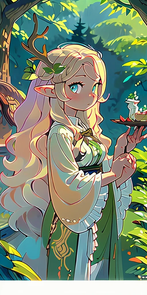 (masterpiece, best quality), 1girl, intricate details, blonde, leaf, wavy hair, looking at viewer, elf, upper body, forest, frills, mist, deer antlers,