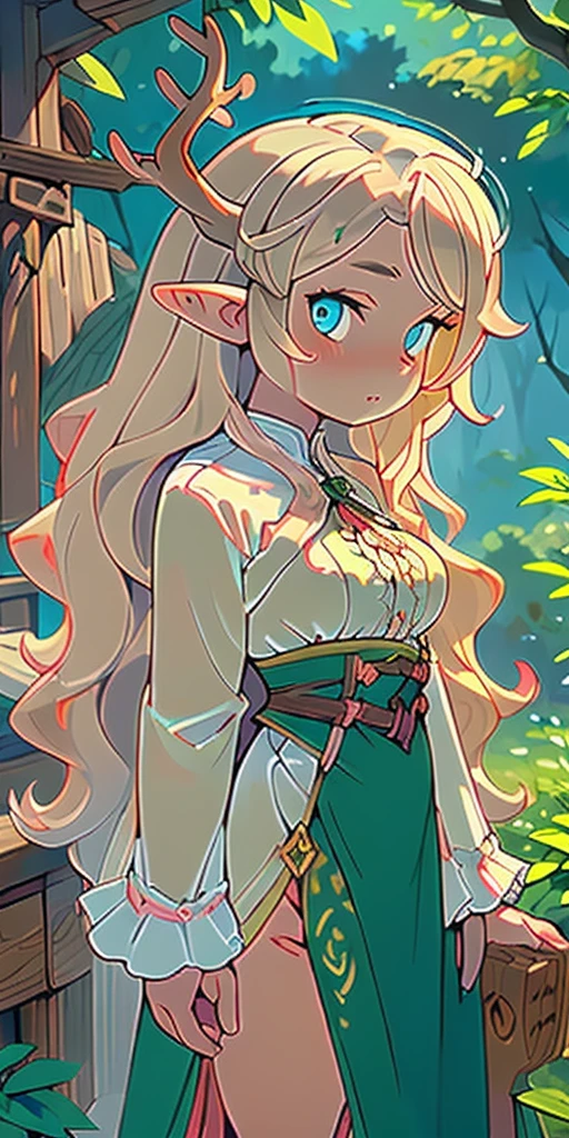 (masterpiece, best quality), 1girl, intricate details, blonde, leaf, wavy hair, looking at viewer, elf, upper body, forest, frills, mist, deer antlers,