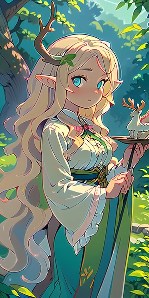 (masterpiece, best quality), 1girl, intricate details, blonde, leaf, wavy hair, looking at viewer, elf, upper body, forest, frills, mist, deer antlers,