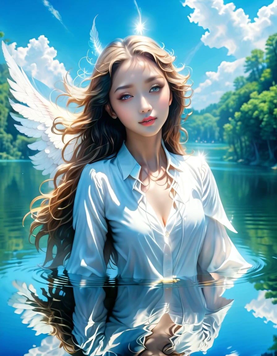 a picture of a female angel flying over a lake ((the angel's reflection mirrored perfectly in the lake: 1.5)), full body shot, a beautiful female angel, divine beauty angel, ((ultra detailed face: 1.5)), (best detailed face: 1.5), dynamic eye color, dynamic hair color, dynamic hair style, intense gaze, wearing dynamic clothing, hovering over a lake, (white angelic wings spread: 1.3), (((a perfect reflection of the angel seen in the lake: 1.5))) vibrant, Ultra-high resolution, High Contrast, masterpiece:1.2, highest quality, Best aesthetics), best details, best quality, highres, ultra wide angle, 16k, [ultra detailed], masterpiece, best quality, (extremely detailed), 