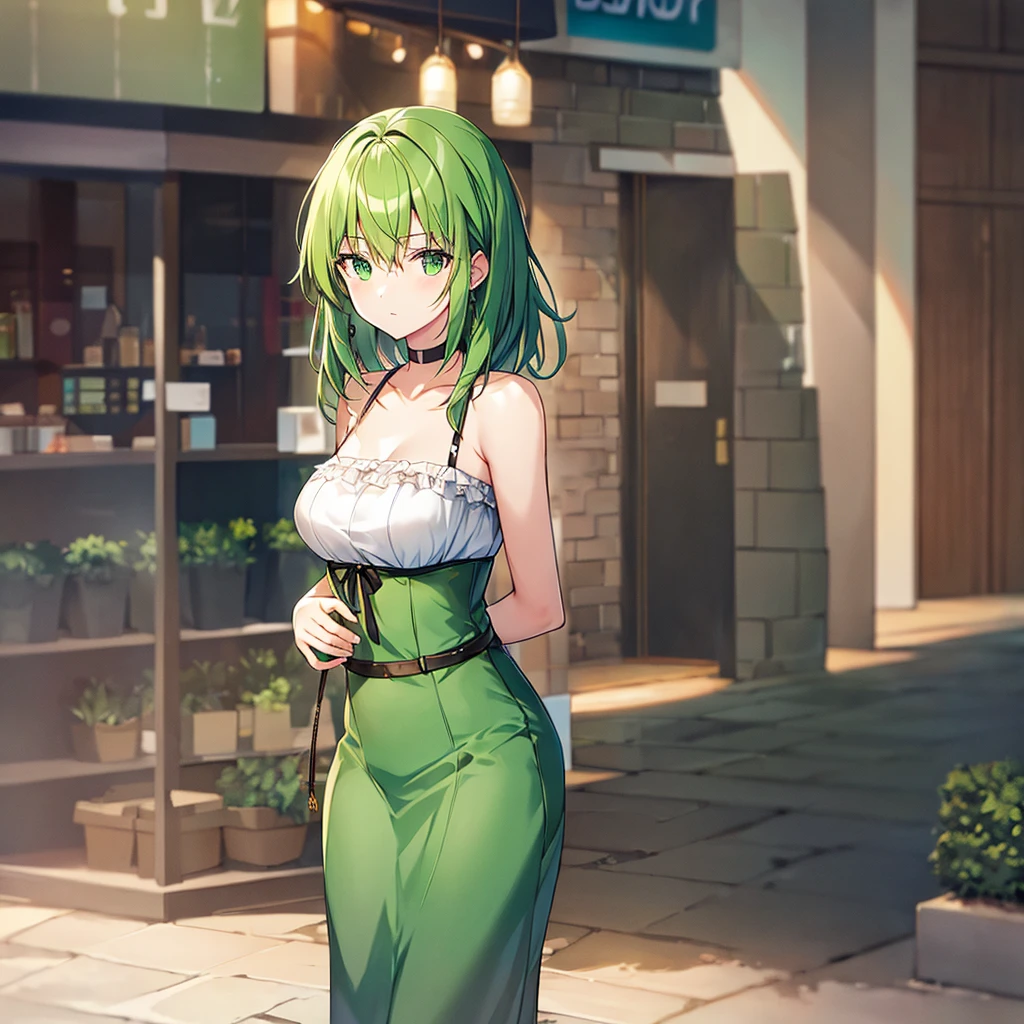 Green eyes, green hair, medium hair, reserved