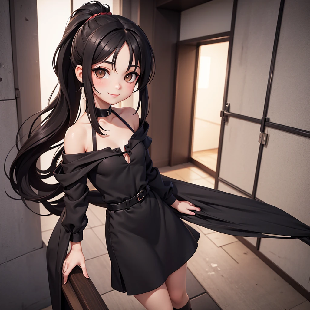 chibi a beautiful young woman with small aesthetic breasts, long black hair in a ponytail, brown eyes, a pretty face, wearing a black silk shirt dress, a slight smile, full body shot