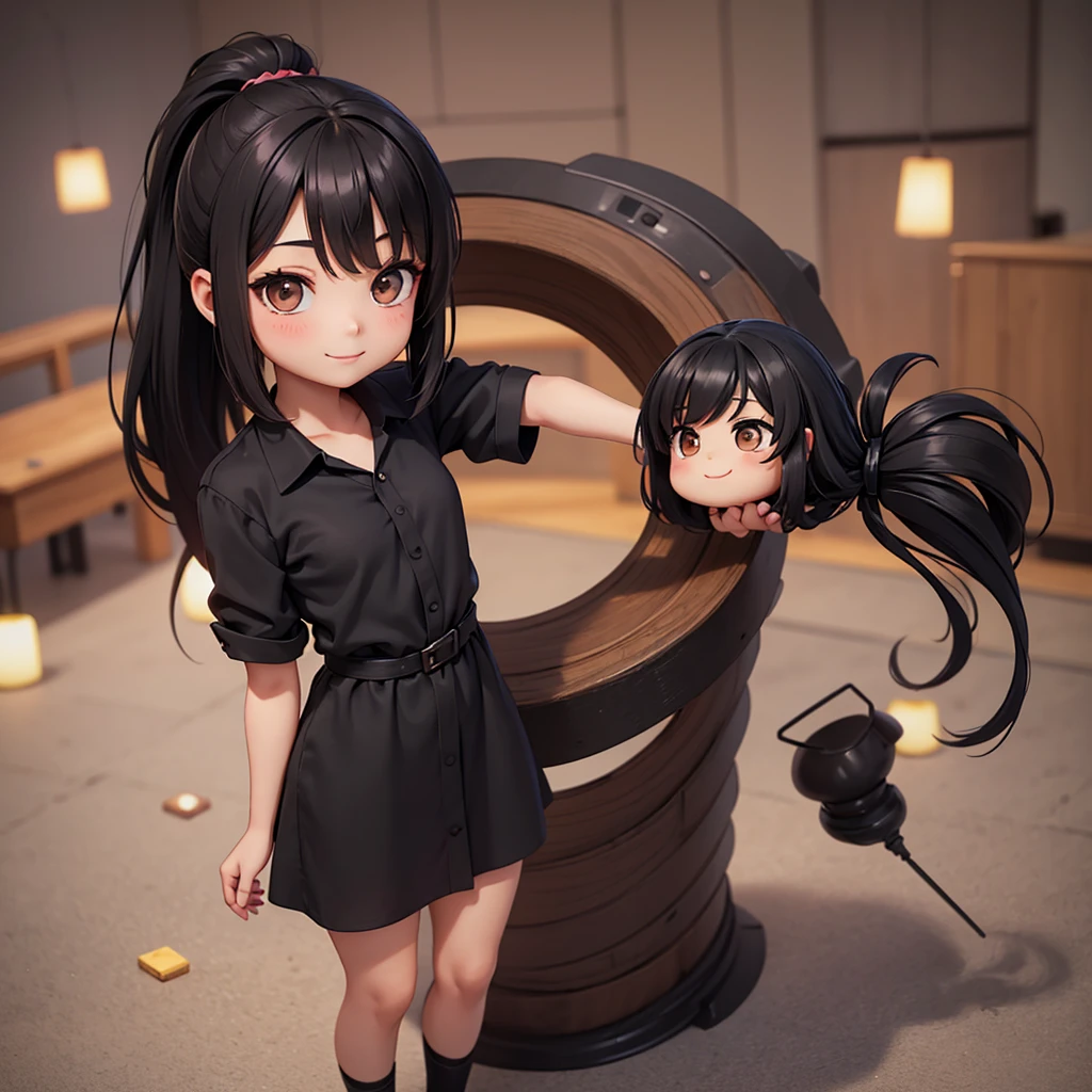 chibi a beautiful young woman with small aesthetic breasts, long black hair in a ponytail, brown eyes, a pretty face, wearing a black silk shirt dress, a slight smile, full body shot