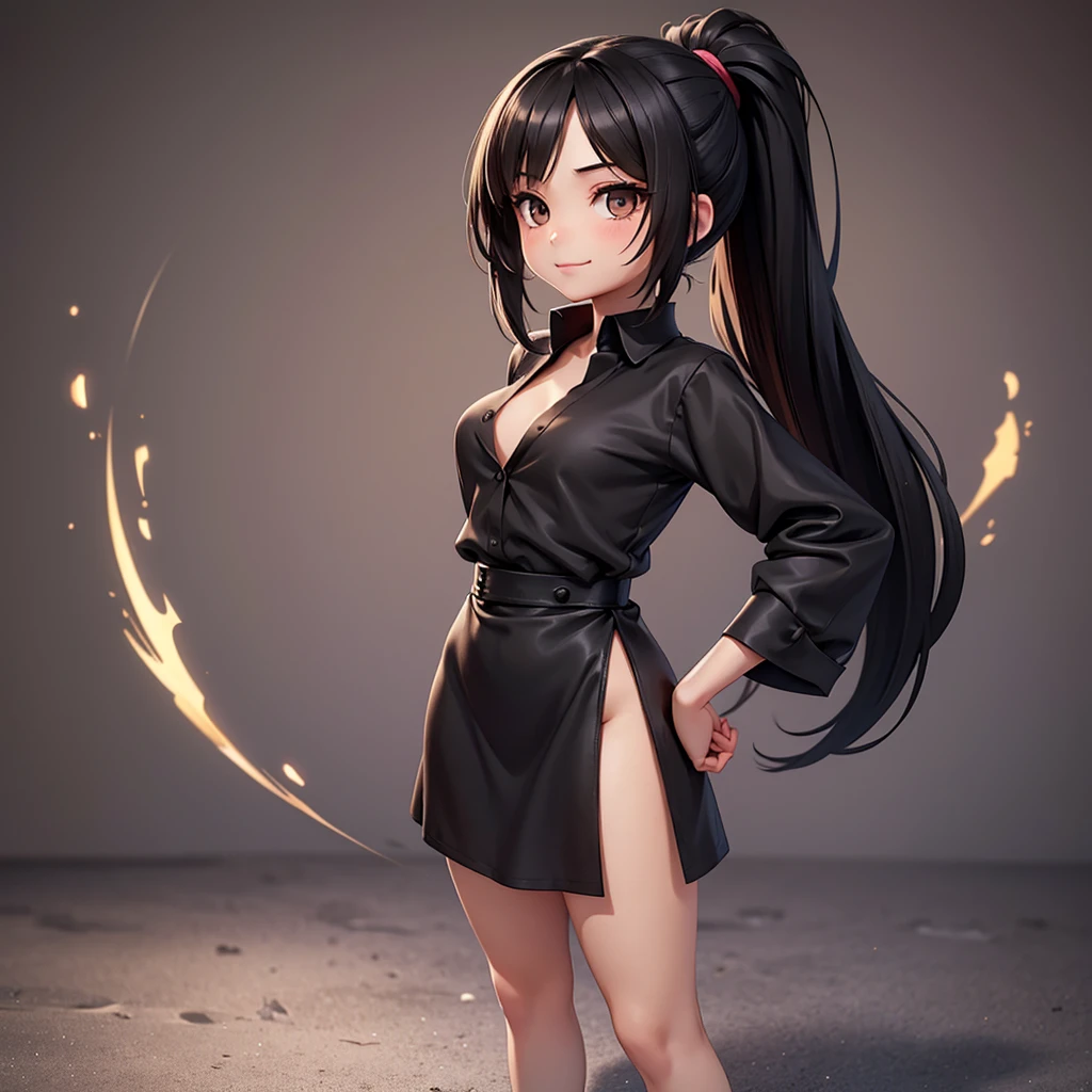 chibi a beautiful young woman with small aesthetic breasts, long black hair in a ponytail, brown eyes, a pretty face, wearing a black silk shirt dress, a slight smile, full body shot