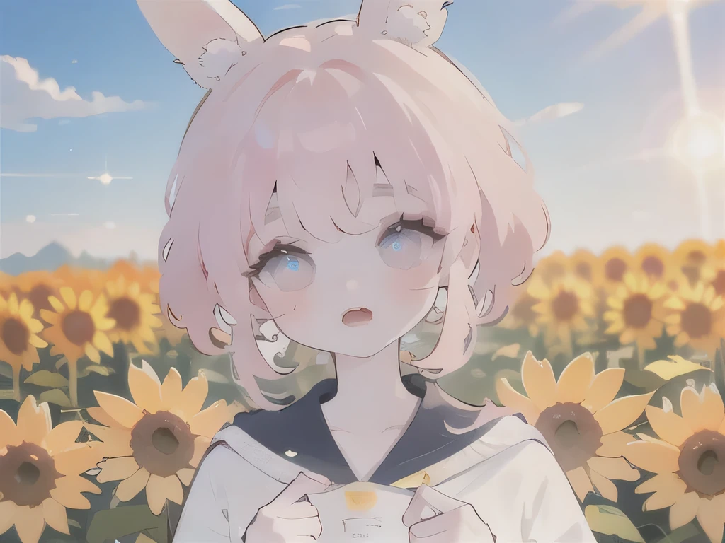 (High quality) (best quality) (A woman) (correct physiognomy) (perfect pupils) (perfect eyes) woman, deep pink hair, long and fluffy, two bunny ears coming out of her head, eyes of color blue, sensitive lips, feminine appearance, soft facial features, thin eyebrows, soft skin, rosy cheeks, rosy lips, silky eyelashes, dreamy expression, middle age, youthful clothing, sweatshirt with print of sheep, photo illuminated by sunlight, woman in a field of sunflowers