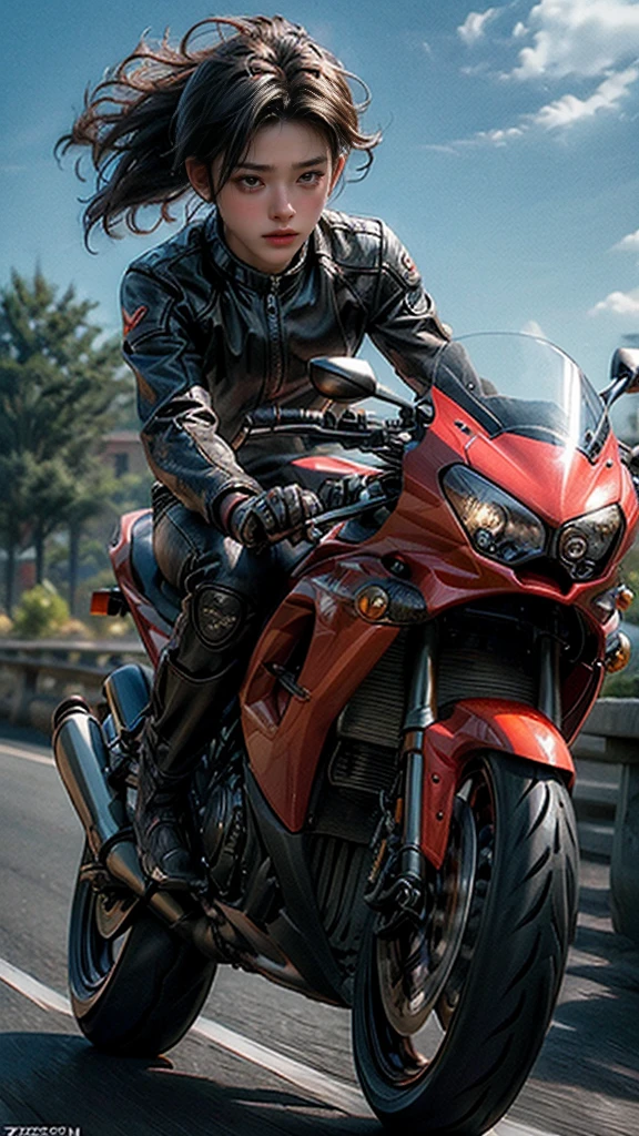((Masterpiece, Top Quality, High Resolution, Photorealistic, Raw, 8K)), Close-up of Indonesian high school boy on motorcycle, dynamic composition, speedy, Motion Blur,