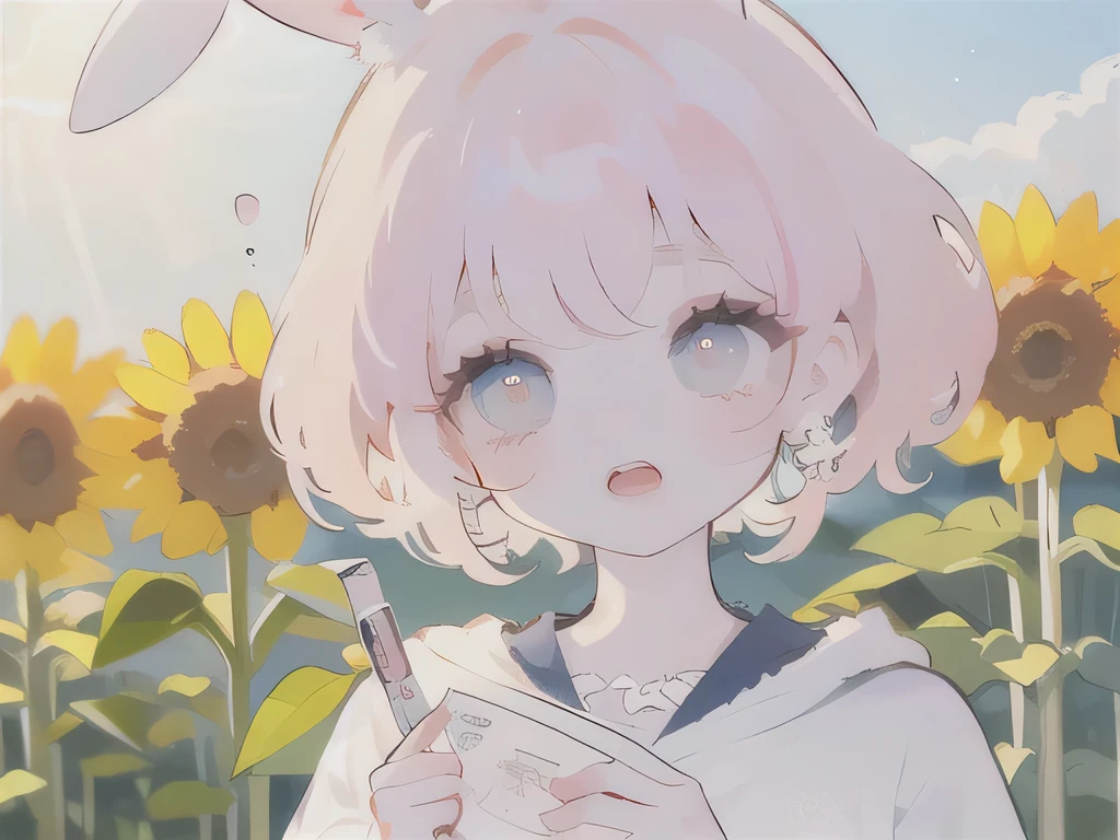 (High quality) (best quality) (A woman) (correct physiognomy) (perfect pupils) (perfect eyes) woman, deep pink hair, long and fluffy, two bunny ears coming out of her head, eyes of  color blue, sensitive lips, feminine appearance, soft facial features, thin eyebrows, soft skin, rosy cheeks, rosy lips, silky eyelashes, dreamy expression, middle age, youthful clothing, sweatshirt with print of sheep, photo illuminated by sunlight, woman in a field of sunflowers