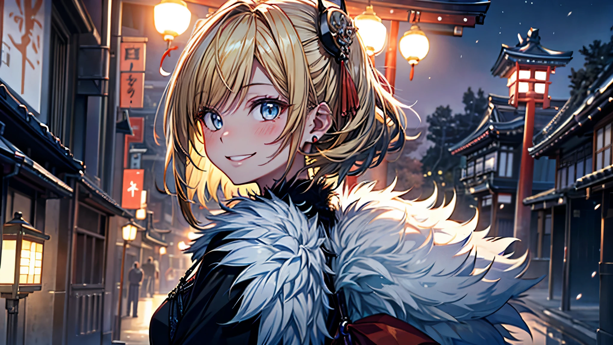 absurd, ultra detailed,color bright, Extremely beautiful and detailed anime face and eyes., see from the front, ;d, bright_fur,25 years, short hair, , asymmetrical bangs, Blonde hair with short twin tails., cabello bright, delicate beautiful face, red blush、Blue eyes, White fur, hair clips, (looking back:1.3)、(happy smile:1.3)、cabello bright、small earring、small necklace、Quimono de colores brights、(Kyoto at night:1.4)