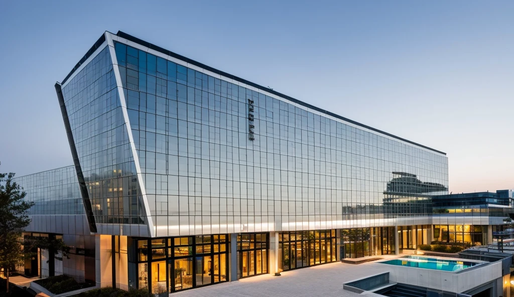 exterior of highrise hotel building, contemporary style, inspired of Norman Forster, glass with steel frame facade, 5 stars hotel design, beautiful landscape, stone pavement,cars, RAW photo, 8k uhd, dslr, soft lighting, high quality, film grain, Fujifilm XT3,masterpiece,