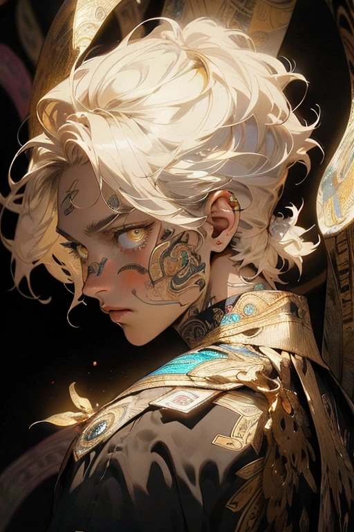 Realistic, (Masterpiece, Superior Quality, Best Quality, Official Art, Beauty and Aesthetics: 1.2), Very Detailed, Fractal Art, Colorful, More Detailed, Zentangle, (Abstract Background: 1.5) (1adult: 1.3), God, Golden Hair, Short Hair, (Bright Yellow Eyes), Mysterious, (Magic), Ice, Beautiful Man, Egyptian Style