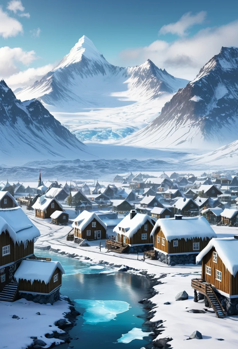 Make me a winter town inspired by Iceland and Norway, with icy mountains in the background, forest with tundra, winter forests, fancy, rustic houses, RPG, modern norse mythology.