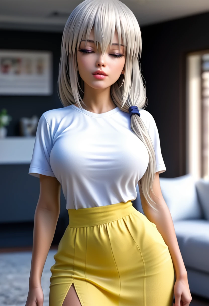 close-up, hyperrealism, photorealism, mature bimbo, thick calves, beautiful slim thicc body, slender, wide hips, slim, thin, big thighs, skinny, curvy, small waist, big breasts, narrow waist, white t-shirt, tucked in t-shirt, long skirt, yellow skirt, loving atmosphere, tan skinned tanned tan skin, 43 years old, full lips, white hair, Uzaki_Tsuki, closed eyes, long hair