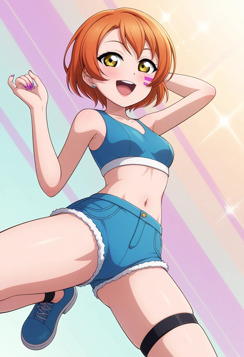 Masterpiece, sksrin, beautiful , facial details, 8k wallpaper, Rin Hoshizora Love Live, short hair, white gym bra, micro shorts , tight wrestling outfit,(lipstick:0.8), (face paint),Fascinated by her beauty ,wink, moist skin,thin waist ,short girl 