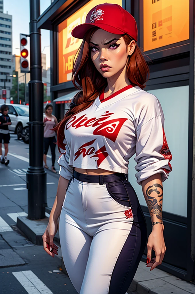 1 female, fierce gangster, asian, pistol tucked in pants, cute slanty eyes, full sleeve geisha tattoos on right arm, teardrop tattoo under eye, hip hop clothes, realistic lips, oversized white t-shirt, hourglass figure, on the street corner, light brown hair, purple eyes, angry, red hair, slit pupils, baseball cap, best quality.