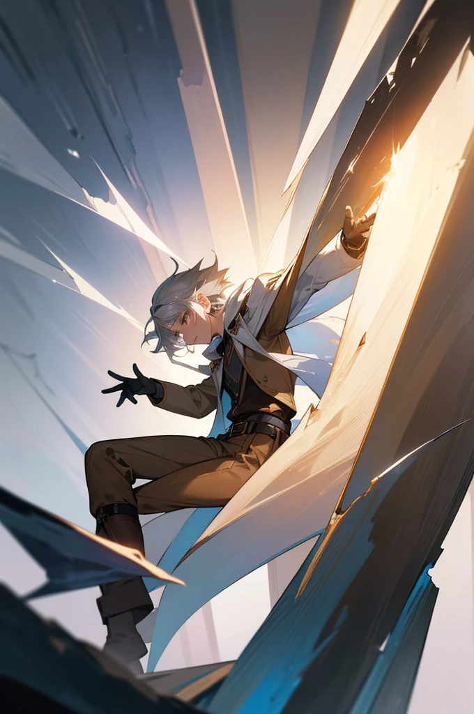 A young wizard man with gray hair and gray eyes, wearing a white shirt, brown pants, boots, gloves, and a belt, conjuring ice shards and ice rays, detailed ice cape, masterpiece, highly detailed, photorealistic, 8k, cinematic lighting, dramatic colors, cold atmosphere. ((Brown pants)) ((better face))