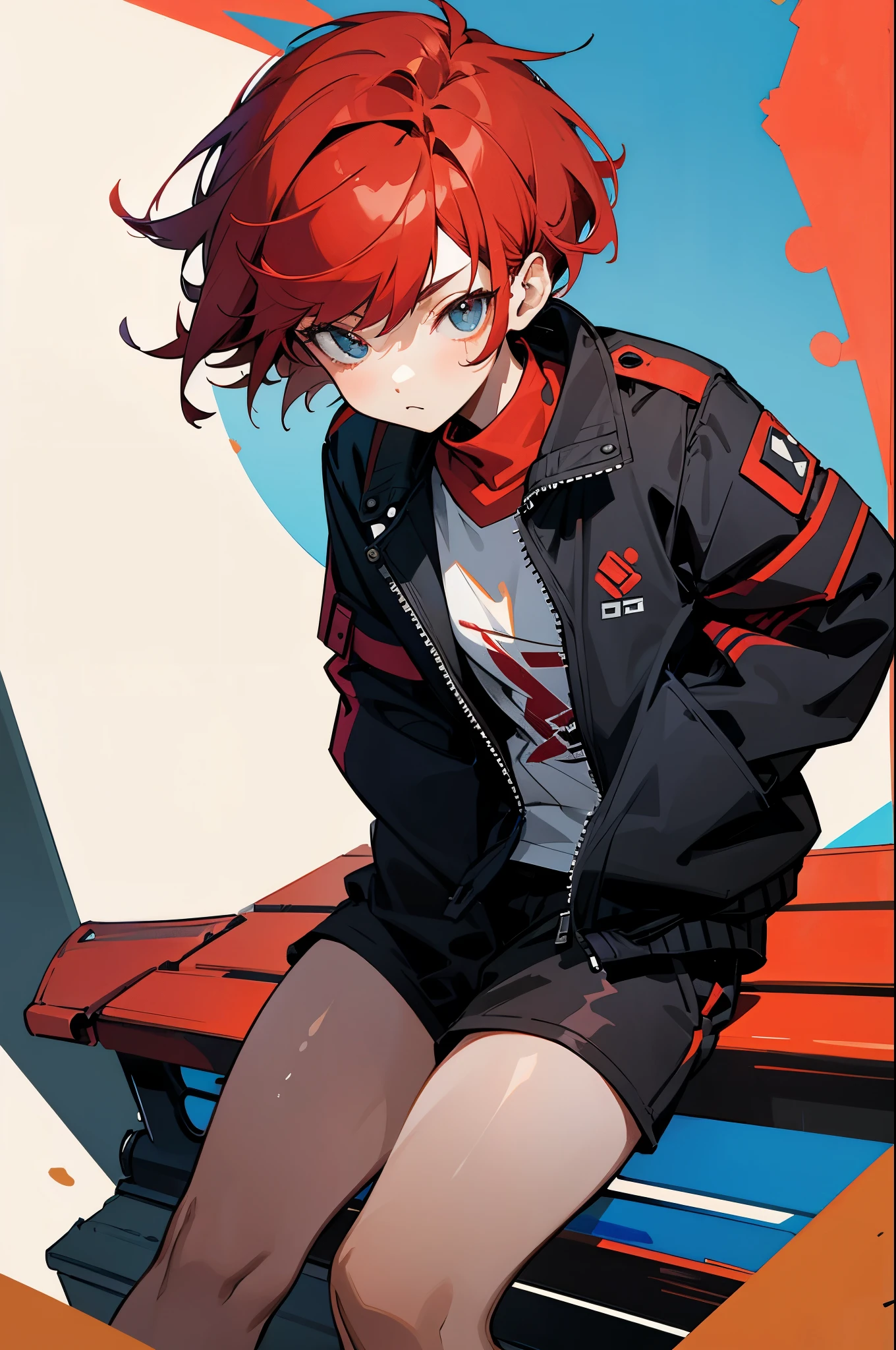 tomboy girl, red hair, cool black open short jacket, messy fade cut hair, colorful background, straight front center, sit pose, hands in pockets, on a bench