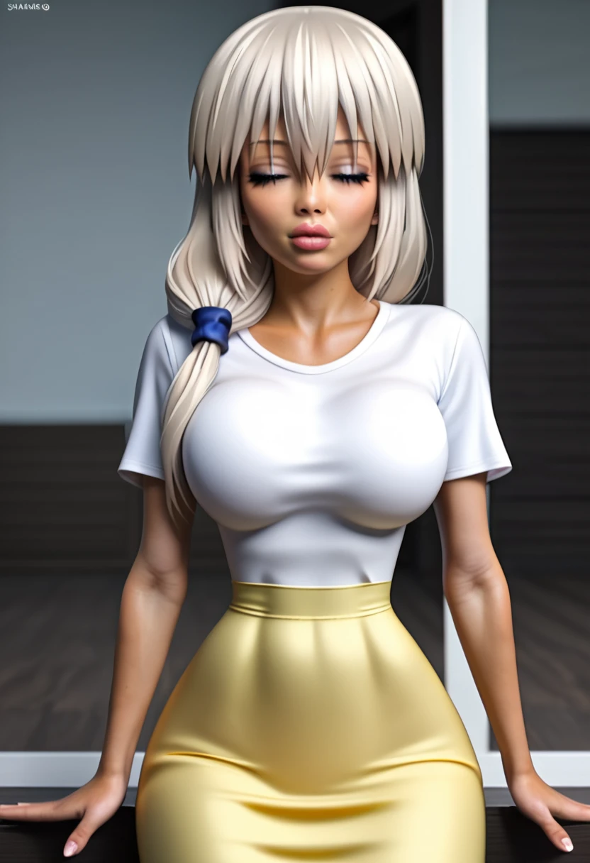 close-up, hyperrealism, photorealism, mature bimbo, thick calves, beautiful slim thicc body, slender, wide hips, slim, thin, big thighs, skinny, curvy, small waist, big breasts, narrow waist, white t-shirt, tucked in t-shirt, long skirt, yellow skirt, loving atmosphere, tan skinned tanned tan skin, 43 years old, full lips, white hair, Uzaki_Tsuki, closed eyes, long hair