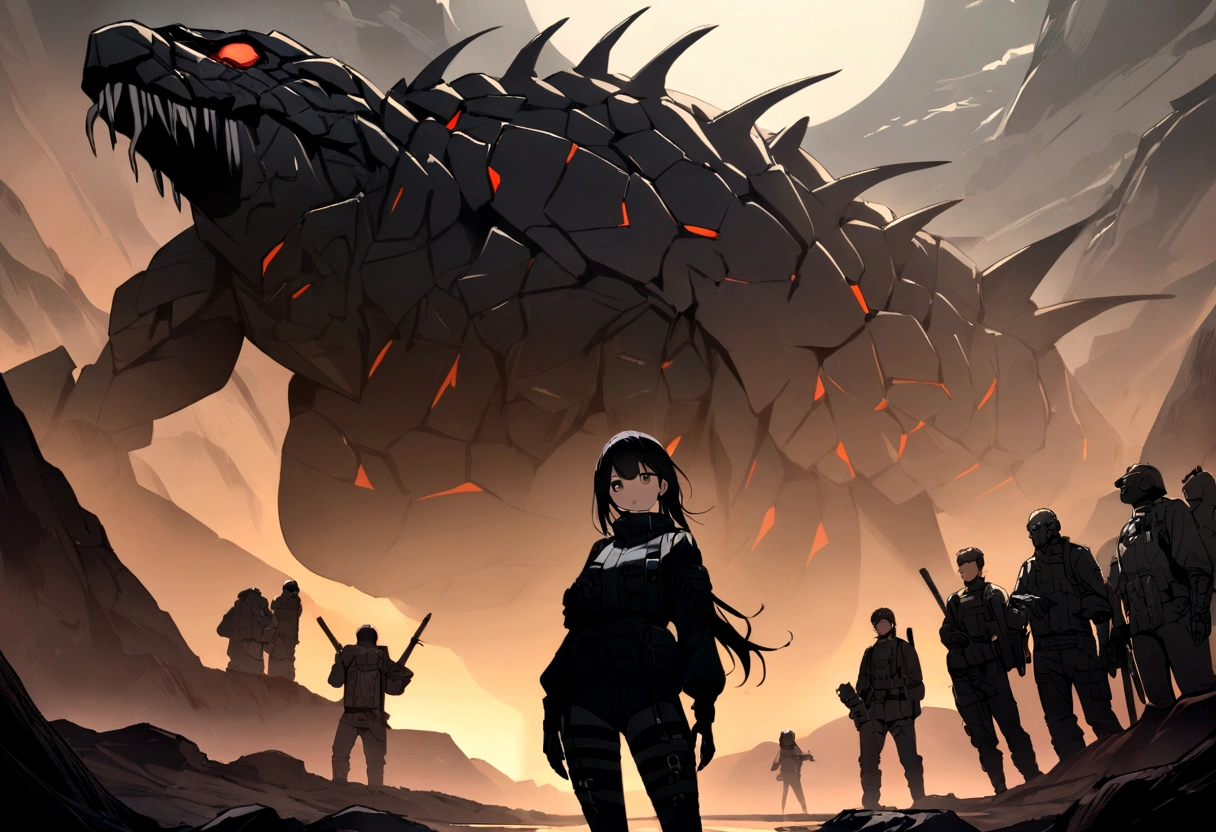 (Best quality), Oriental detailed background, Science fiction,Mechanical arms,Girl with man , War, Monster army, techwear outfits,, army suit