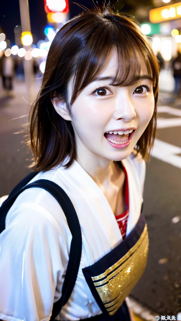 Masterpiece, 8K, high quality, high resolution, beautiful Japanese woman, 30 years old, (detailed face, detailed eyes), ((Open mouth wide, surprised face)), alone on the street, full-body photo