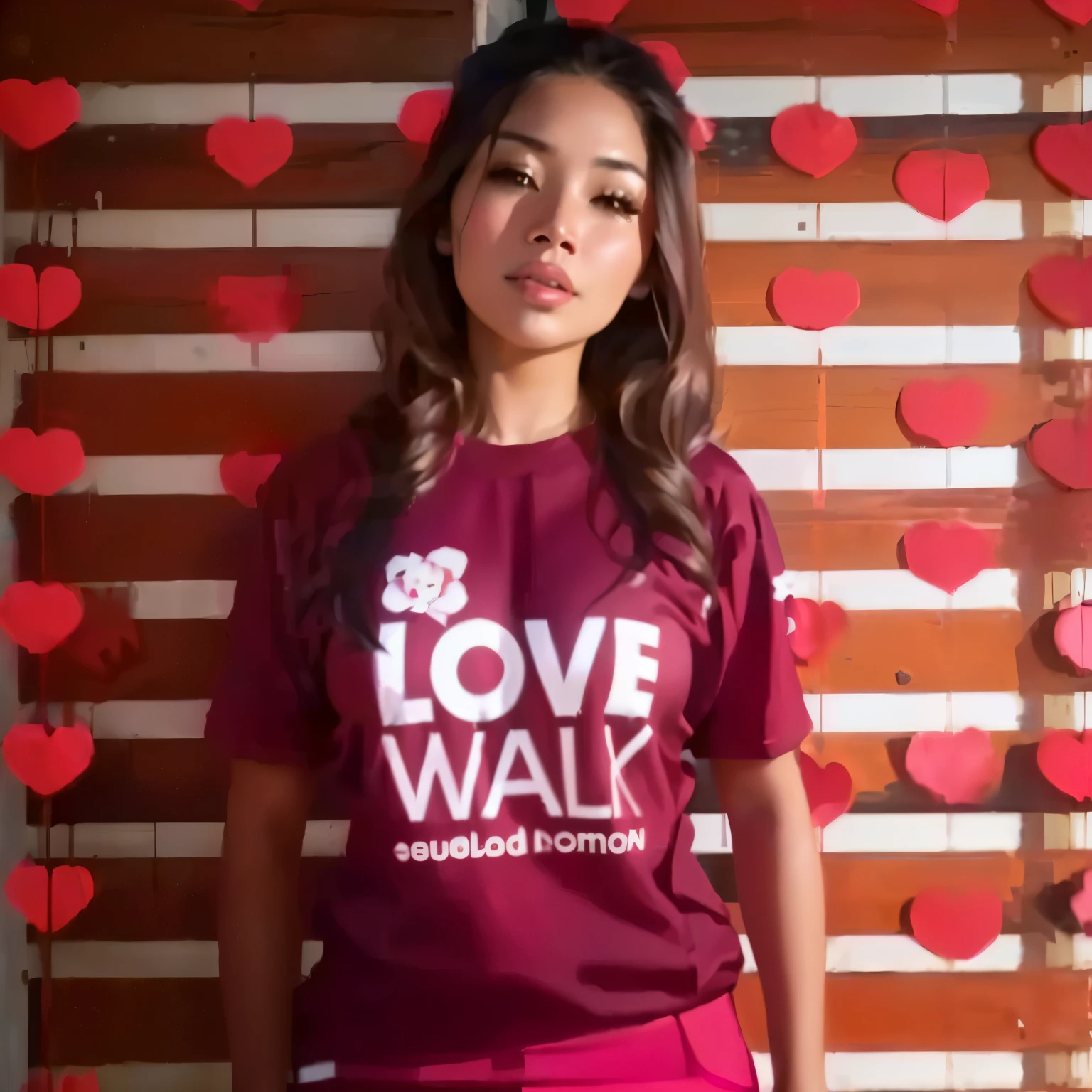 puffy woman in a red shirt in front of a wall with hearts, Cindy Avelino, on the sidewalk, lorena avarez, sandra, walking towards the camera, ( ( emma lindstrom ) ), by Gina Pellón, by Olivia Peguero, carla ortiz, alex malveda, elk, Estefânia Villegas Burgos