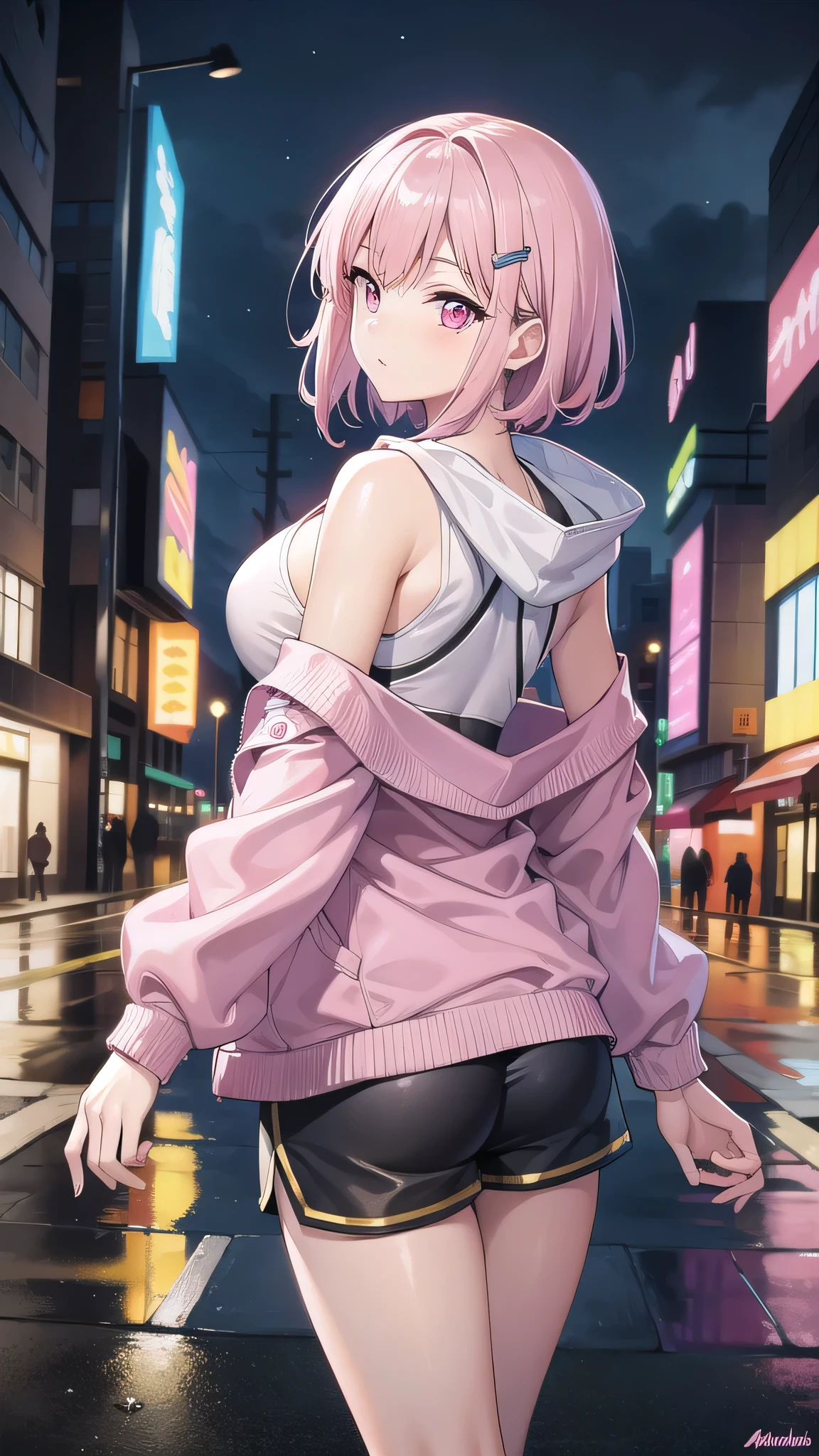 shizukamikazuki, shizuka mikazuki, short hair, purple hair, hair ornament, hairclip, (pink eyes:1.5), swept bangs,
BREAK navel, cleavage, jacket, open clothes, midriff, hood, open jacket, blue jacket, hooded jacket, sports bra, sports shorts,hood down,
BREAK looking at viewer,
BREAK outdoors, city,night, neon lights, wet road, reflections, stars, starfall,
BREAK (masterpiece:1.2), best quality, high resolution, unity 8k wallpaper, (illustration:0.8), (beautiful detailed eyes:1.6), extremely detailed face, perfect lighting, extremely detailed CG, (perfect hands, perfect anatomy), from behind, back view, from back, bend over.