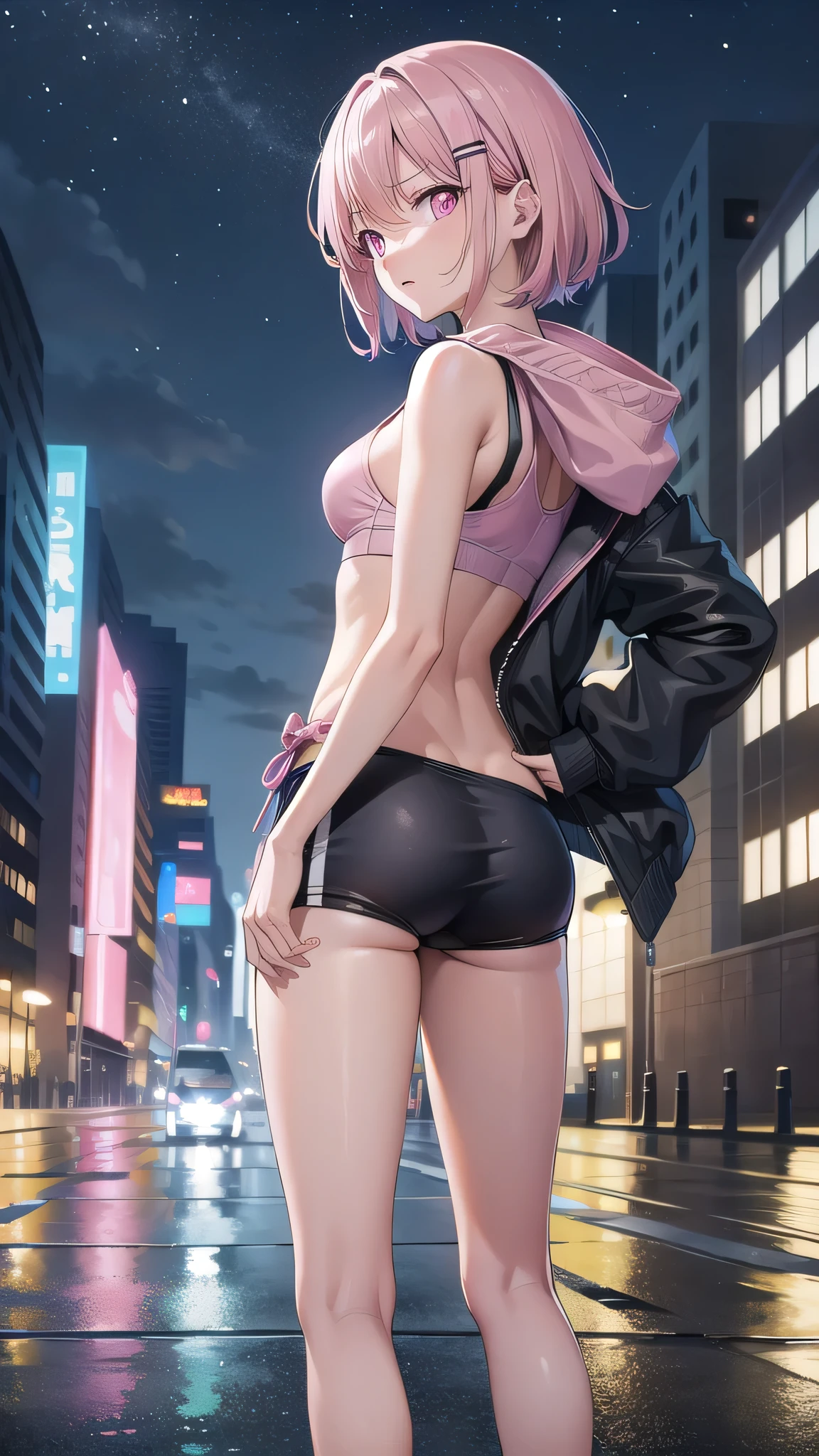 shizukamikazuki, shizuka mikazuki, short hair, purple hair, hair ornament, hairclip, (pink eyes:1.5), swept bangs,
BREAK navel, cleavage, jacket, open clothes, midriff, hood, open jacket, blue jacket, hooded jacket, sports bra, sports shorts,hood down,
BREAK looking at viewer,
BREAK outdoors, city,night, neon lights, wet road, reflections, stars, starfall,
BREAK (masterpiece:1.2), best quality, high resolution, unity 8k wallpaper, (illustration:0.8), (beautiful detailed eyes:1.6), extremely detailed face, perfect lighting, extremely detailed CG, (perfect hands, perfect anatomy), from behind, back view, from back, bend over.