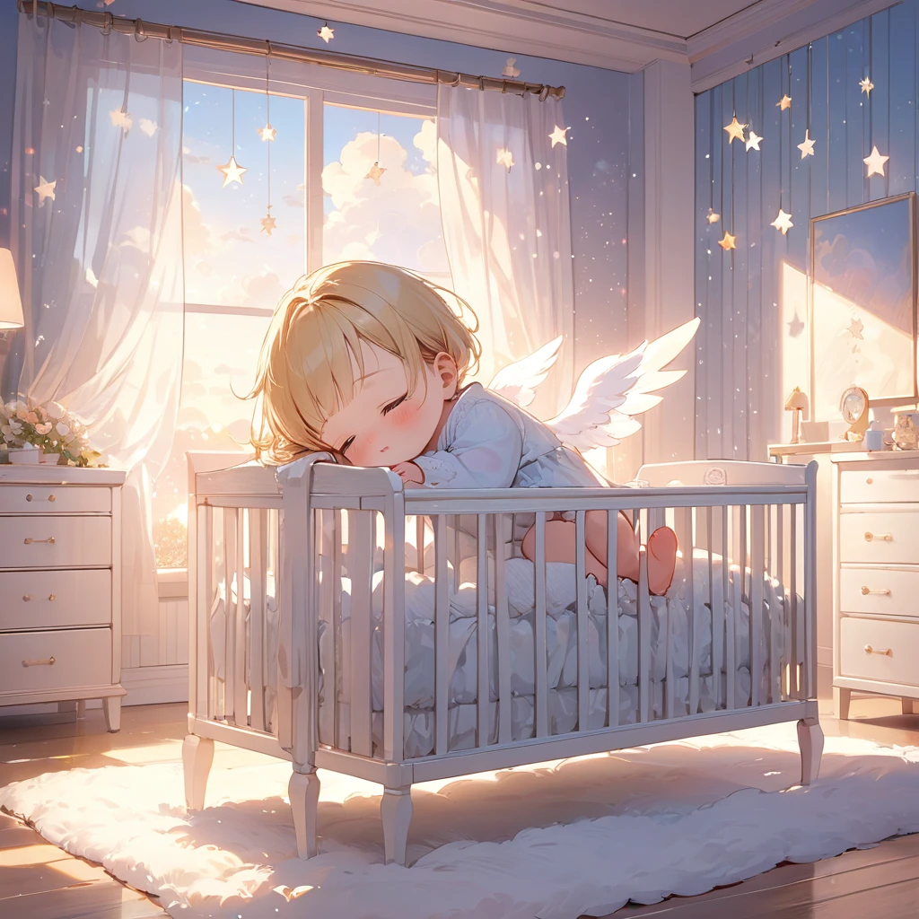 ((Masterpiece)), ((Best Quality)), (Very Detailed), ((Very Detailed)), 4K, (8K), very aesthetic, absurdres highres, 1 baby, A blonde baby sleeps in a white wooden crib in a quiet room bathed in soft moonlight. The baby has small angel wings on its back and is sleeping with a calm expression on its face. In order, the curtains are embroidered with small stars. Soft light in pastel colors spreads around the room, and a fluffy white rug is spread on the floor. We have an overall friendly and lovely atmosphere. There are hand-painted pictures of clouds and stars on the walls, and small star-shaped lights floating on the ceiling.
