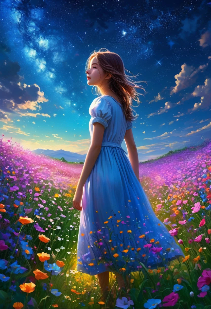 There is a girl standing in a field of flowers looking up at the sky, a girl standing in a field of flowers, girl walking through a flower field, lost in a fairytale wonderland, standing in a field of flowers, Fantastic digital painting, the sky gradually brightens, The starry sky is gradually receding  