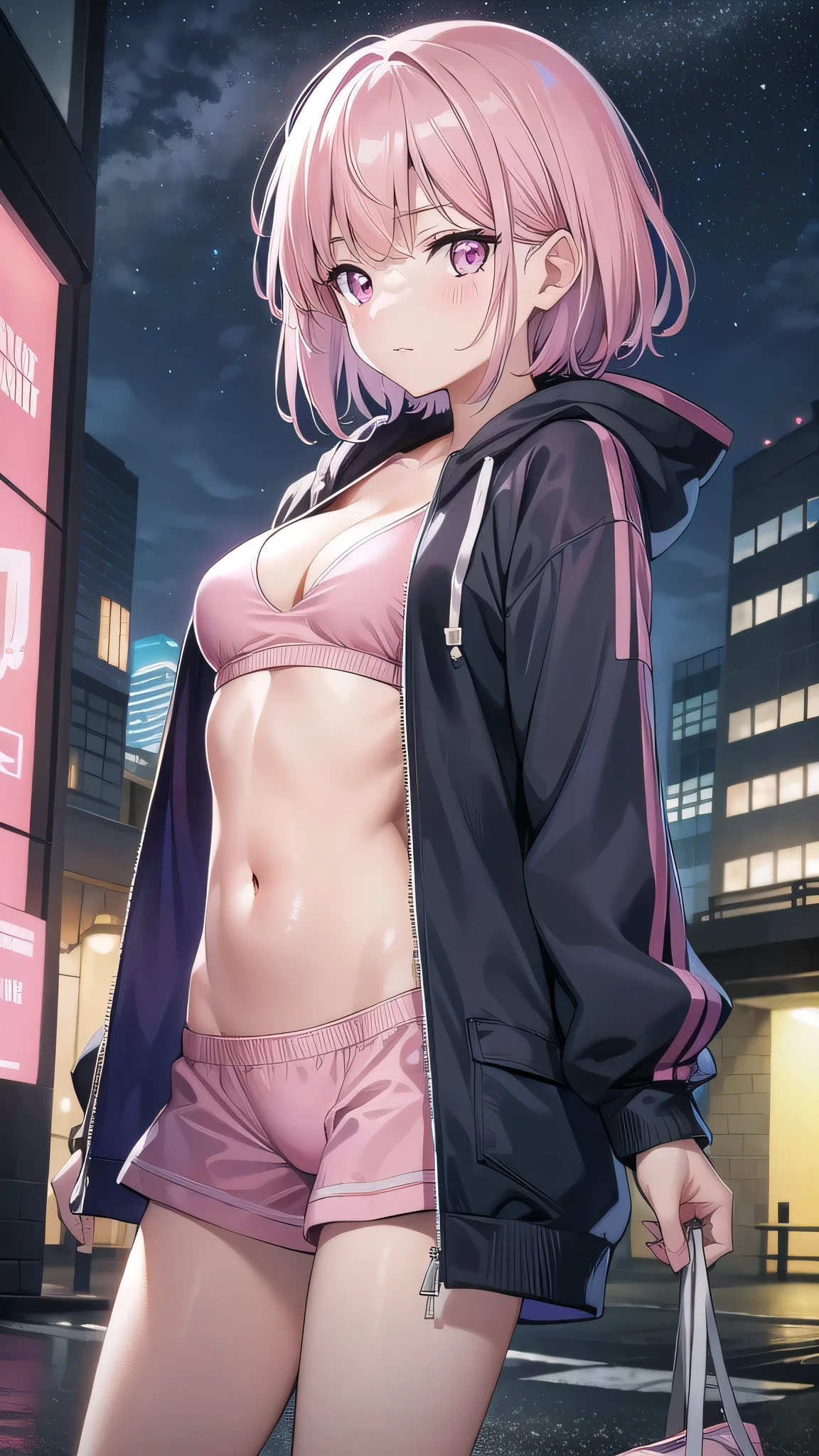 shizukamikazuki, shizuka mikazuki, short hair, purple hair, hair ornament, hairclip, (pink eyes:1.5), swept bangs,
BREAK navel, cleavage, jacket, open clothes, midriff, hood, open jacket, blue jacket, hooded jacket, sports bra, sports shorts,hood down,
BREAK looking at viewer,
BREAK outdoors, city,night, neon lights, wet road, reflections, stars, starfall,
BREAK (masterpiece:1.2), best quality, high resolution, unity 8k wallpaper, (illustration:0.8), (beautiful detailed eyes:1.6), extremely detailed face, perfect lighting, extremely detailed CG, (perfect hands, perfect anatomy), from behind, back view, from back, bend over.