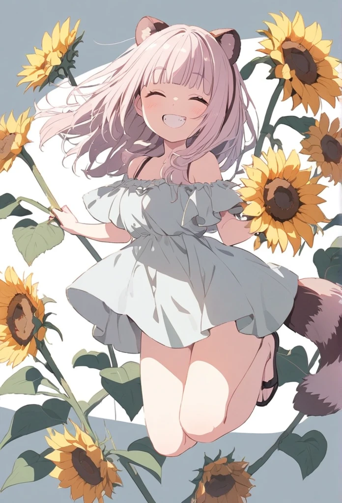 anime,(pale colors:1.8),long shot, 1girl, (on right:1.3), full body, solo, grin, smile, closed eyes, dynamic angle, jumping high, holding sunflowers, fang,  light pink hair, long hair, straight hair, racoon ears, racoon tail, (brown streaked hair:1.3), side braid, (blunt bangs) ,thick eyebrows, big breast, off shoulder clothes, cutout, sunflower background, shadow, 