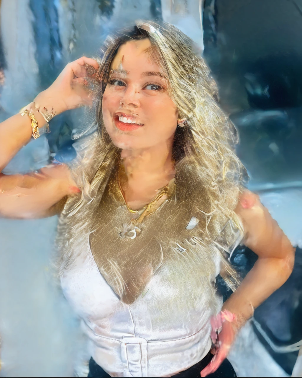 Merge the images to the point where it appears that the blonde woman is sitting alone, singing with tambourine in hand 