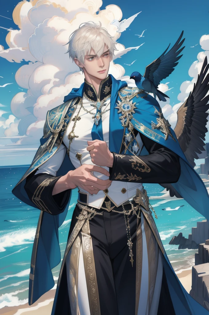 (masterpiece, best quality), 1 male, adult, handsome, tall muscular guy, broad shoulders, finely detailed eyes and detailed face, extremely detailed CG unity 8k wallpaper, intricate details, very short hair, complex pattern, detailed face, best ratio four finger and one thumb, casual clothes, oversized hood, ocean background, many birds, blue sky full of extremely brilliant clouds, sparkling horizon, glittering debris