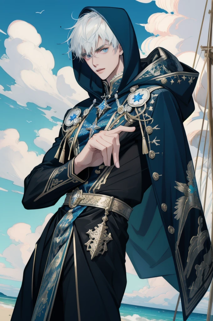 (masterpiece, best quality), 1 male, adult, handsome, tall muscular guy, broad shoulders, finely detailed eyes and detailed face, extremely detailed CG unity 8k wallpaper, intricate details, very short hair, complex pattern, detailed face, best ratio four finger and one thumb, casual clothes, oversized hood, ocean background, many birds, blue sky full of extremely brilliant clouds, sparkling horizon, glittering debris