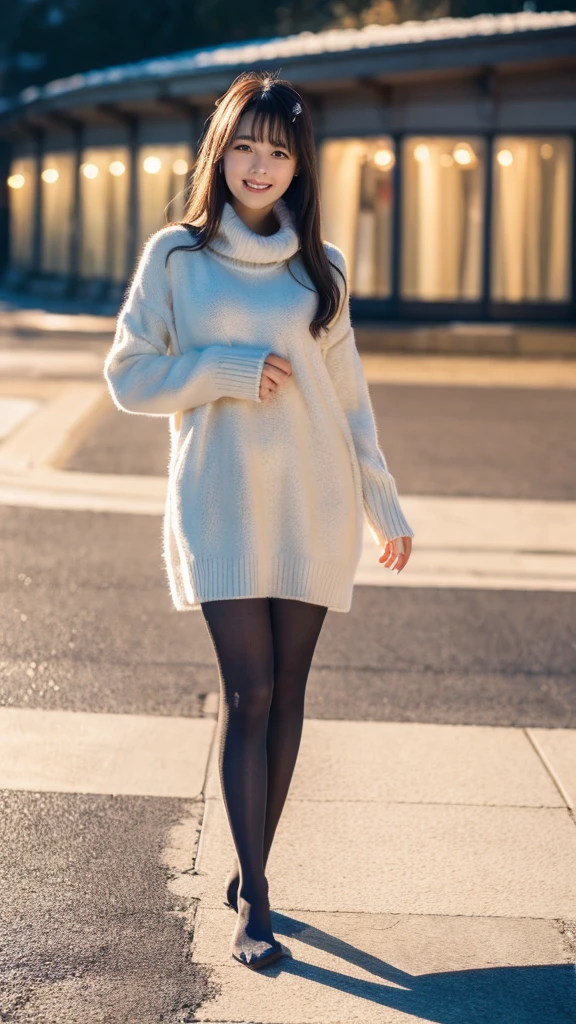 ulzzang -6500-v1.1, (Raw photo:1.2), (Photorealsitic), a beautiful detailed girl, (Real: 1.4), extremely detailed eye and face, beatiful detailed eyes, Very beautiful night illumination:1.5, (( women winter fashion:1.3, Ultra-realistic pantyhose:1.2))、selfee、Instagram、game_nffsw, huge filesize, hight resolution, ighly detailed, top-quality, [​masterpiece:1.6], illustratio, ighly detailed, nffsw, finely detail, top-quality, 8k wallpaper, Cinematographic lighting, 1girl in, 17 age, perfect body type, cute droopy eyes beautiful big eyes、Pieckfinger, ((masutepiece)), Best Quality, 1girl in, eye shadow,  Portrait, ((FULL BODYSHOT:1.4))、(Very affectionate smile:1.2)、realistic skin textures、shinny skin、Exposed thighs!!!