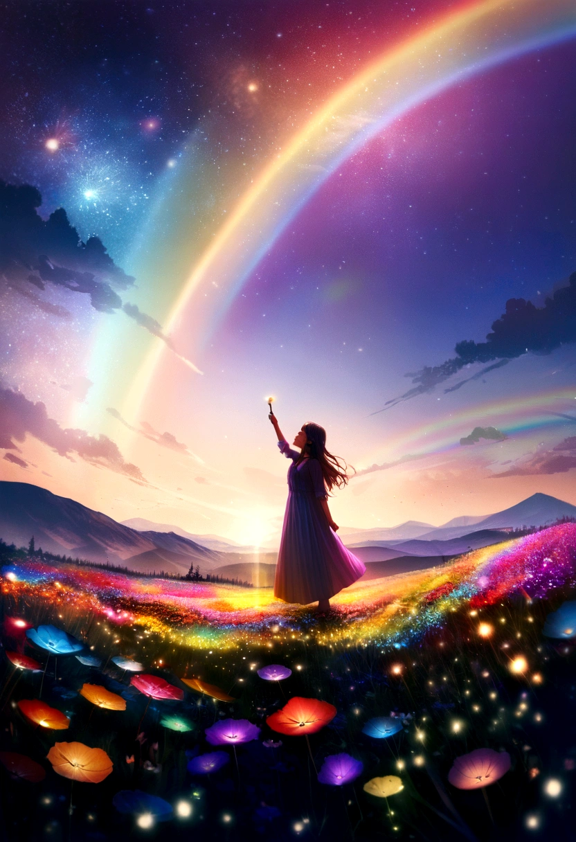 Huge landscape photo, (bottom view, sky above and open field below), A girl stands in a flower field and looks up, (Take the key: 1.2), (meteor: 0.9), (nebula: 1.3), distant mountains, BREAK Creating artistic trees, (warm light: 1.2), (fireflies: 1.2), lights, lots of purple and orange, complex parts, volumetric lighting, Realism (First job: 1.2), (better quality), 4K, ultra detailed, (dynamic compositing: 1.4), very detailed and colorful details, (rainbow colors: 1.2), (bright lighting, atmospheric lighting), dreamer, magic, (One: 1.2)