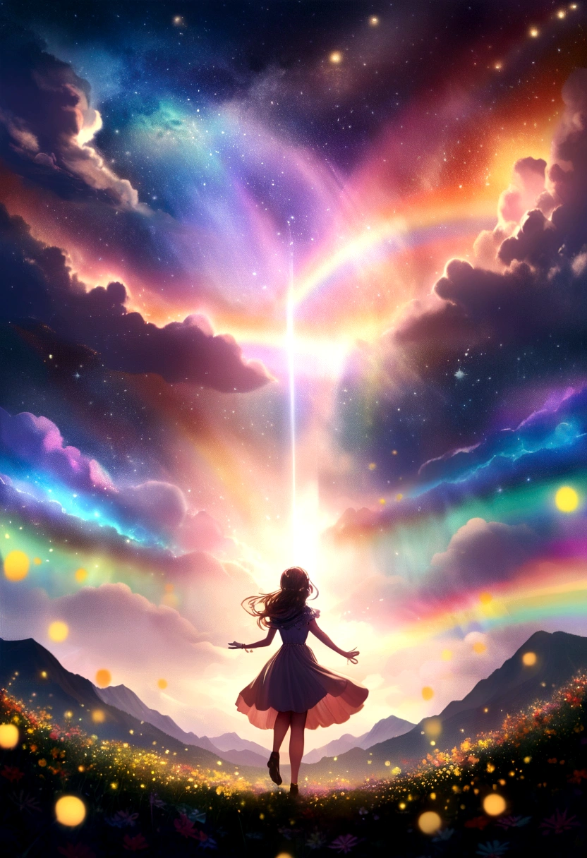 Huge landscape photo, (bottom view, sky above and open field below), A girl stands in a flower field and looks up, (Take the key: 1.2), (meteor: 0.9), (nebula: 1.3), distant mountains, BREAK Creating artistic trees, (warm light: 1.2), (fireflies: 1.2), lights, lots of purple and orange, complex parts, volumetric lighting, Realism (First job: 1.2), (better quality), 4K, ultra detailed, (dynamic compositing: 1.4), very detailed and colorful details, (rainbow colors: 1.2), (bright lighting, atmospheric lighting), dreamer, magic, (One: 1.2)