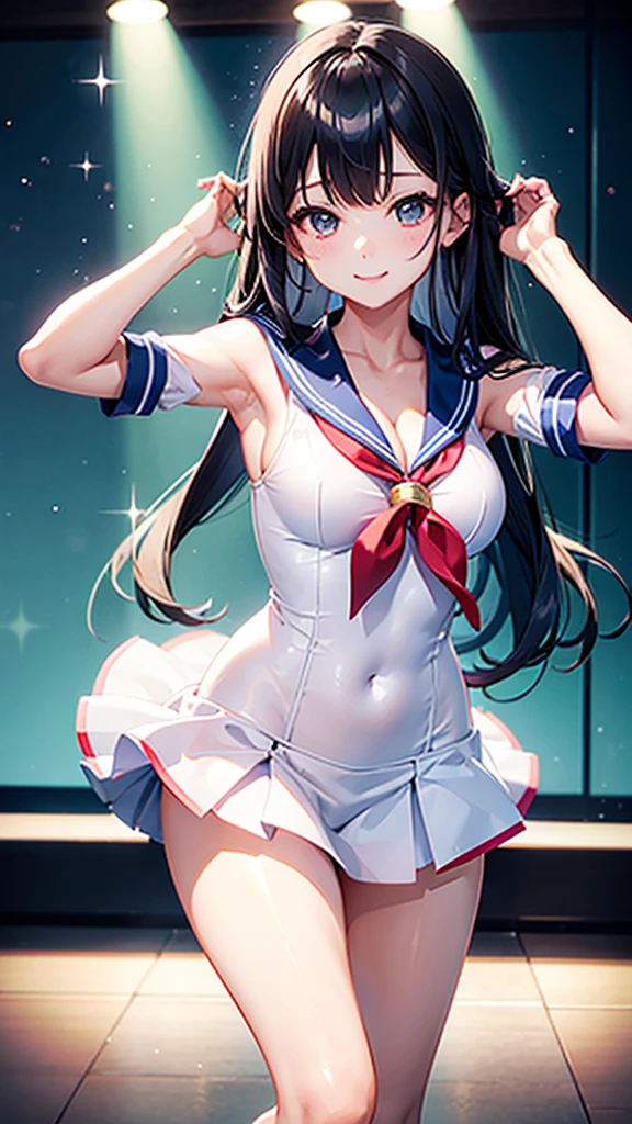 One girl、Dance at school、Sailor suit、supple figure、smile、Cleavage、A bouncy movement、Shoulder-length hair、Straight Hair、Hair with movement、Thin legs、Sparkling