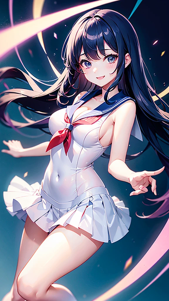 One girl、Dance at school、Sailor suit、supple figure、smile、Cleavage、A bouncy movement、Shoulder-length hair、Straight Hair、Hair with movement、Thin legs、Sparkling