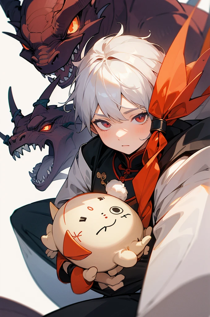 (Best quality, masterpiece), 1 boy can control dolls, (simple white background: 1.2), dragon dolls