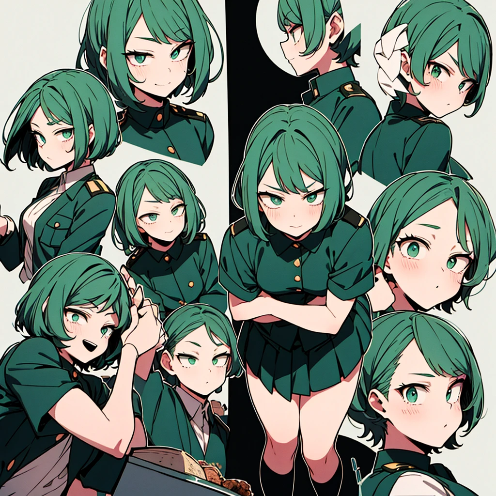 Green eyes, green hair, short hair, MHA uniform, alone 