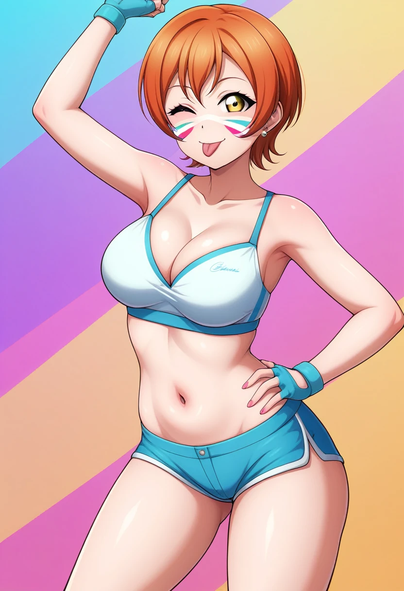 Masterpiece, sksrin, beautiful , facial details, 8k wallpaper, Rin Hoshizora Love Live, short hair, white gym bra, micro shorts , wrestling outfit,(lipstick:0.8), (face paint),Fascinated by her beauty ,wink, moist skin,thin waist ,short girl, skindentation , tongue out, playful slut