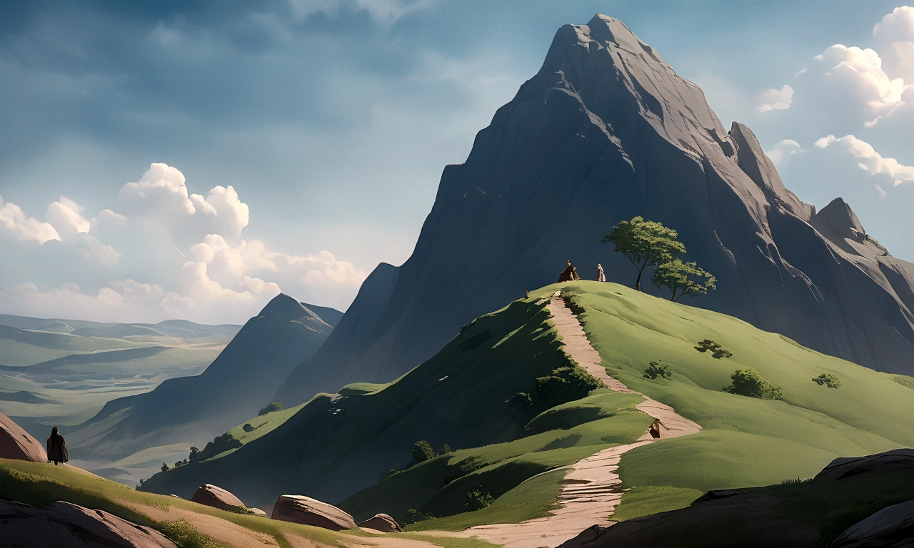 Scene of Abraham and his son Isaac climbing the mountain. A scene of the bible