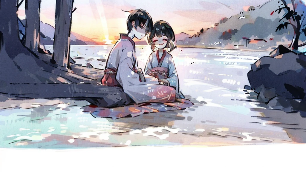 boyfriend and girlfriend dating around the campfire in the beach, hut in the right side of the picture, using tradicional japanese costume, close-up shot, hidden hands, best quality, sunset, no errors, girl is laughing and the boy is smiling