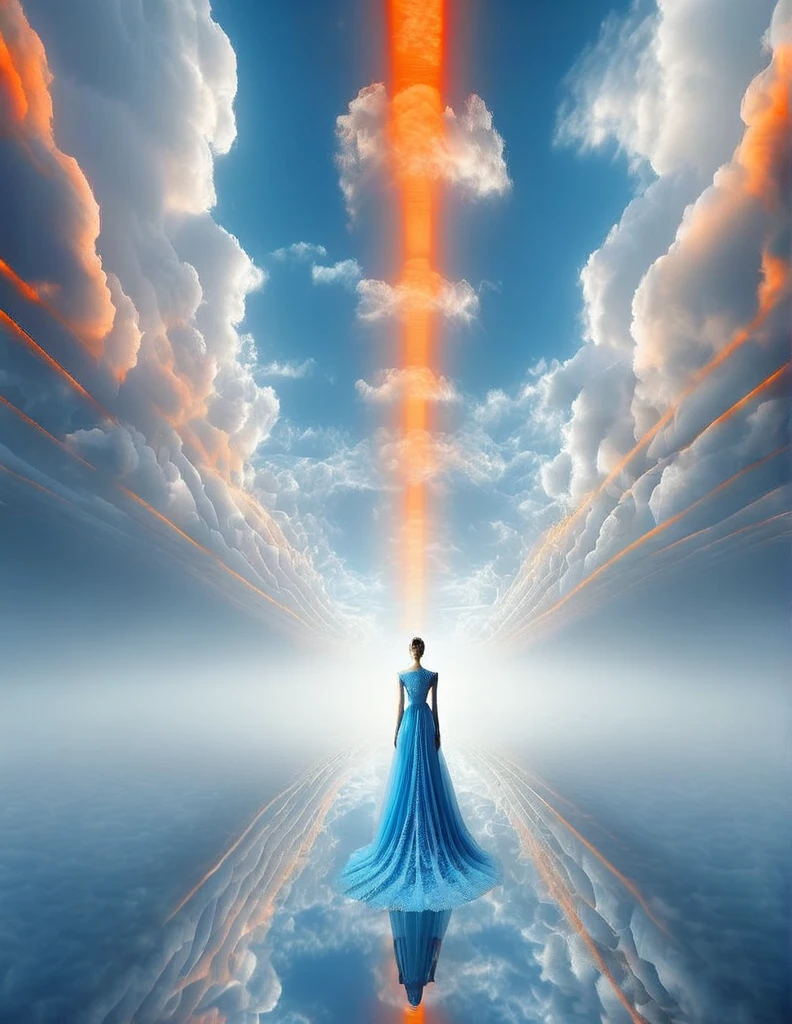 Tyndall phenomenon,best quality,Super detailed,actual,professional,blue lace wedding dress,rows of orange beams,cloud,mist,,White minimalist,partial reflection,Desktop Wallpapers,