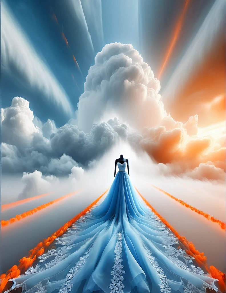 Tyndall phenomenon,best quality,Super detailed,actual,professional,blue lace wedding dress,rows of orange beams,cloud,mist,,White minimalist,partial reflection,Desktop Wallpapers,
