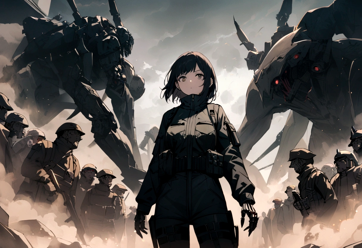 (Best quality), Oriental detailed background, Science fiction,Mechanical arms,Girl with man , War, Monster army, techwear outfits,, army suit