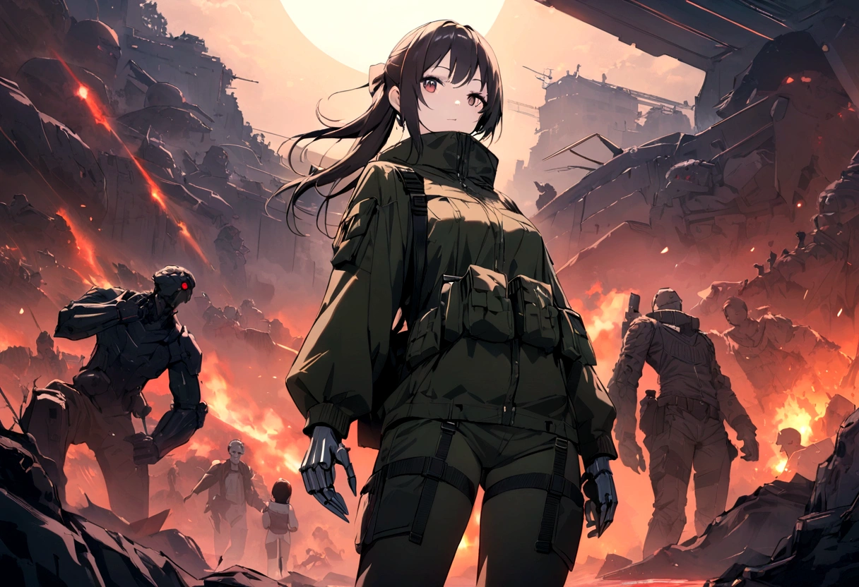 (Best quality), Oriental detailed background, Science fiction,Mechanical arms,Girl with man , War, Monster army, techwear outfits,, army suit